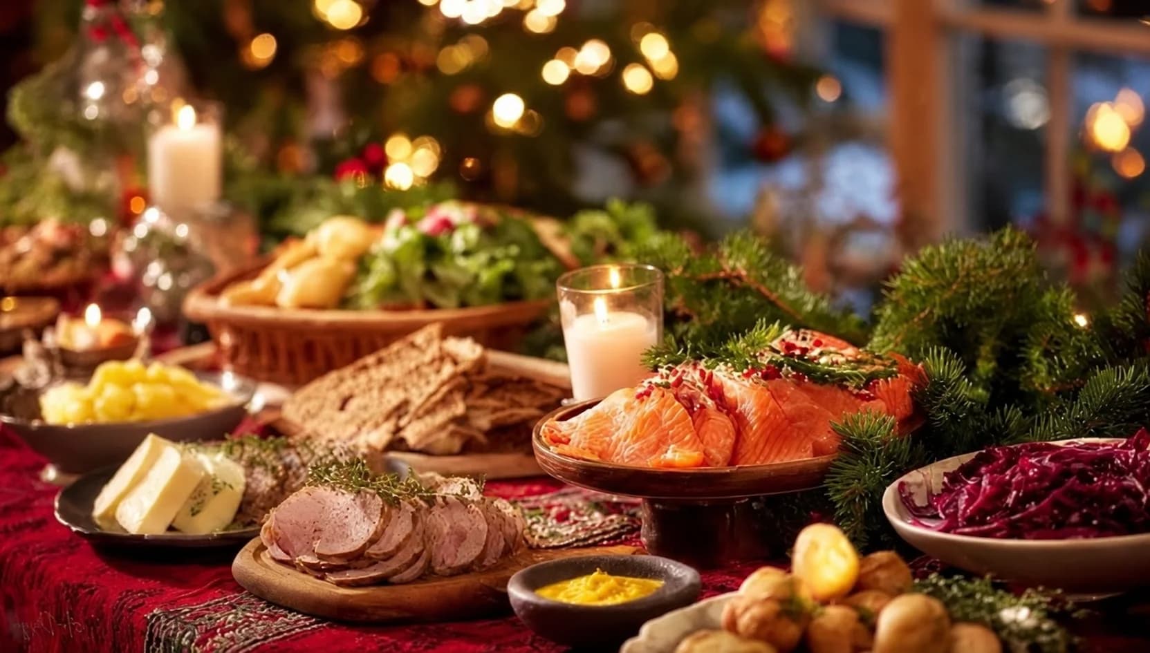 Traditionella julbordssmaker med lax, bröd, senap och rödkål